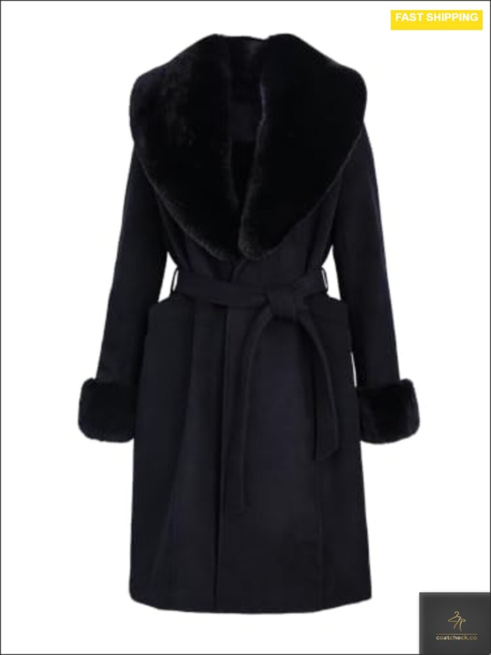 Wool Blend Trench Coat Faux Fur Shawl Collar Women's Mid-Length Belted Fur
